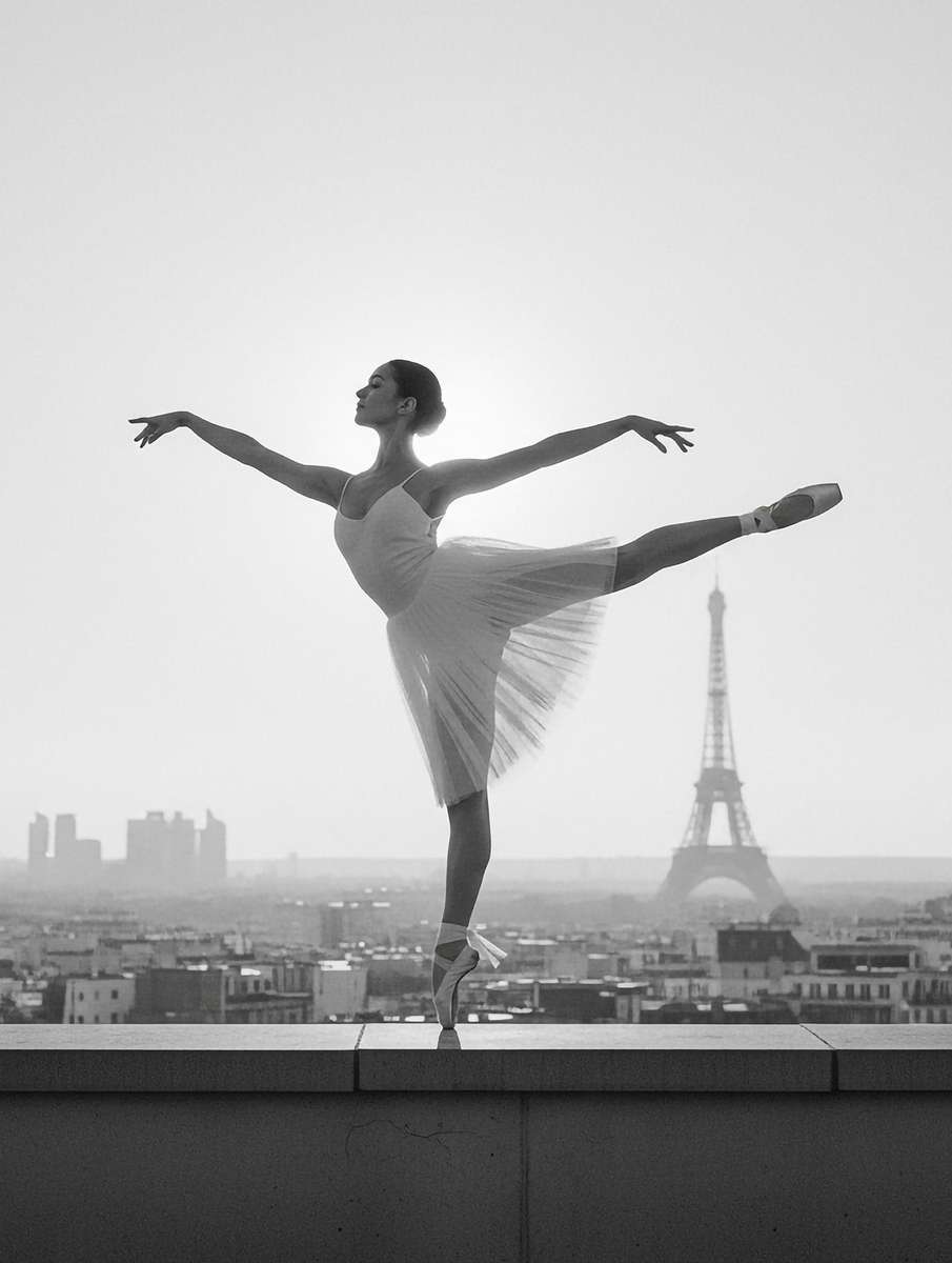 Solo dancer standing on a cobblestone alley, gentle paper texture and warm sepia light suggesting layered memory