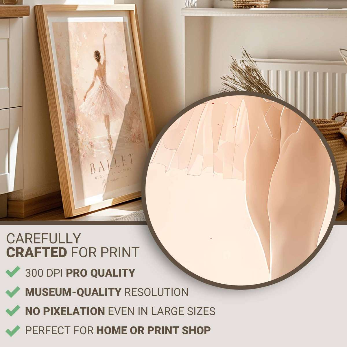 Vintage Ballerina wall art combining poetic movement with softly balanced composition in a theatrical composition with French text