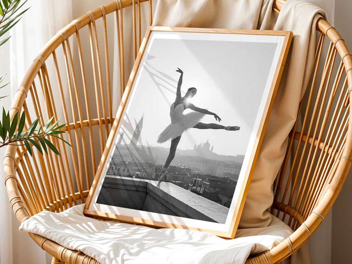 Ballerina leaping through a narrow Venetian alley with repeating archways creating strong linear perspective