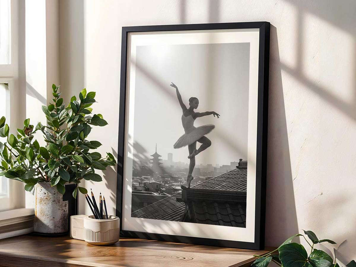 Ballerina dancing softly in a narrow urban alley, stray neon and shadowed storefronts creating a nocturnal, introspective…