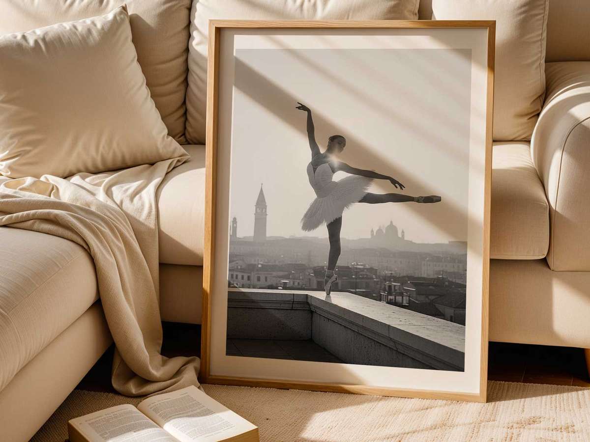 Ballerina interacting with an antique prop chest and theatrical set pieces in a faded Venetian rehearsal room