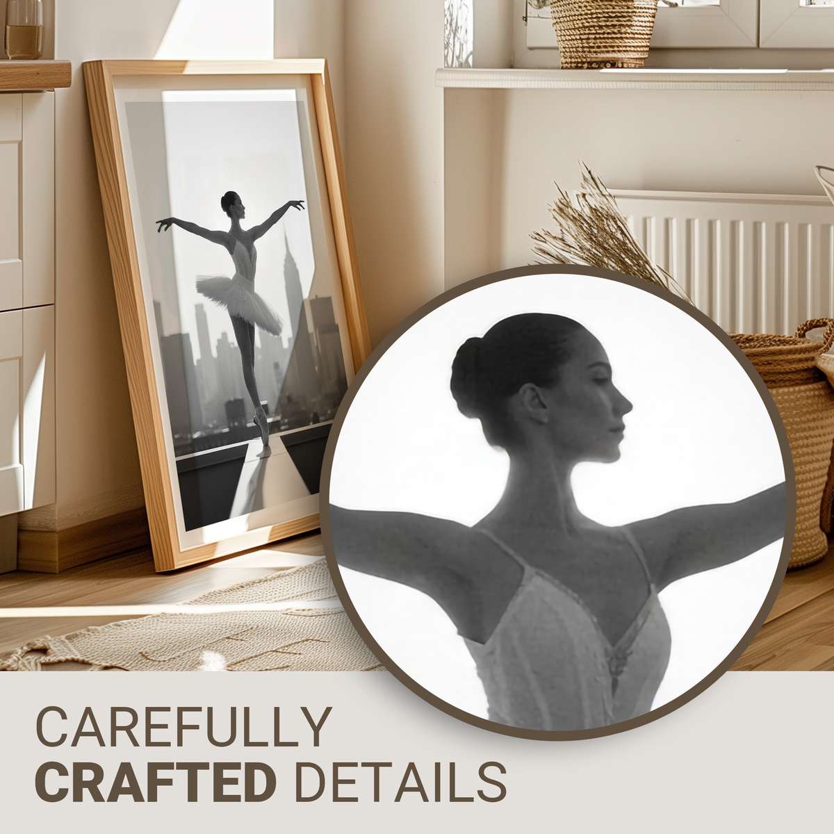 Solitary ballerina silhouette poised on a rooftop against a soft urban skyline at dusk