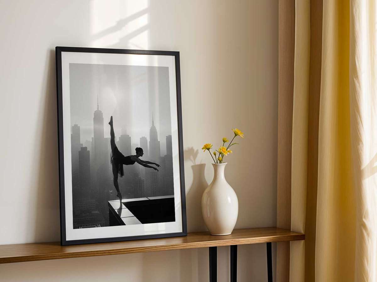Backlit ballerina with light tracing the edges of her form, emphasizing the sharp silhouette and deliberate posture against…