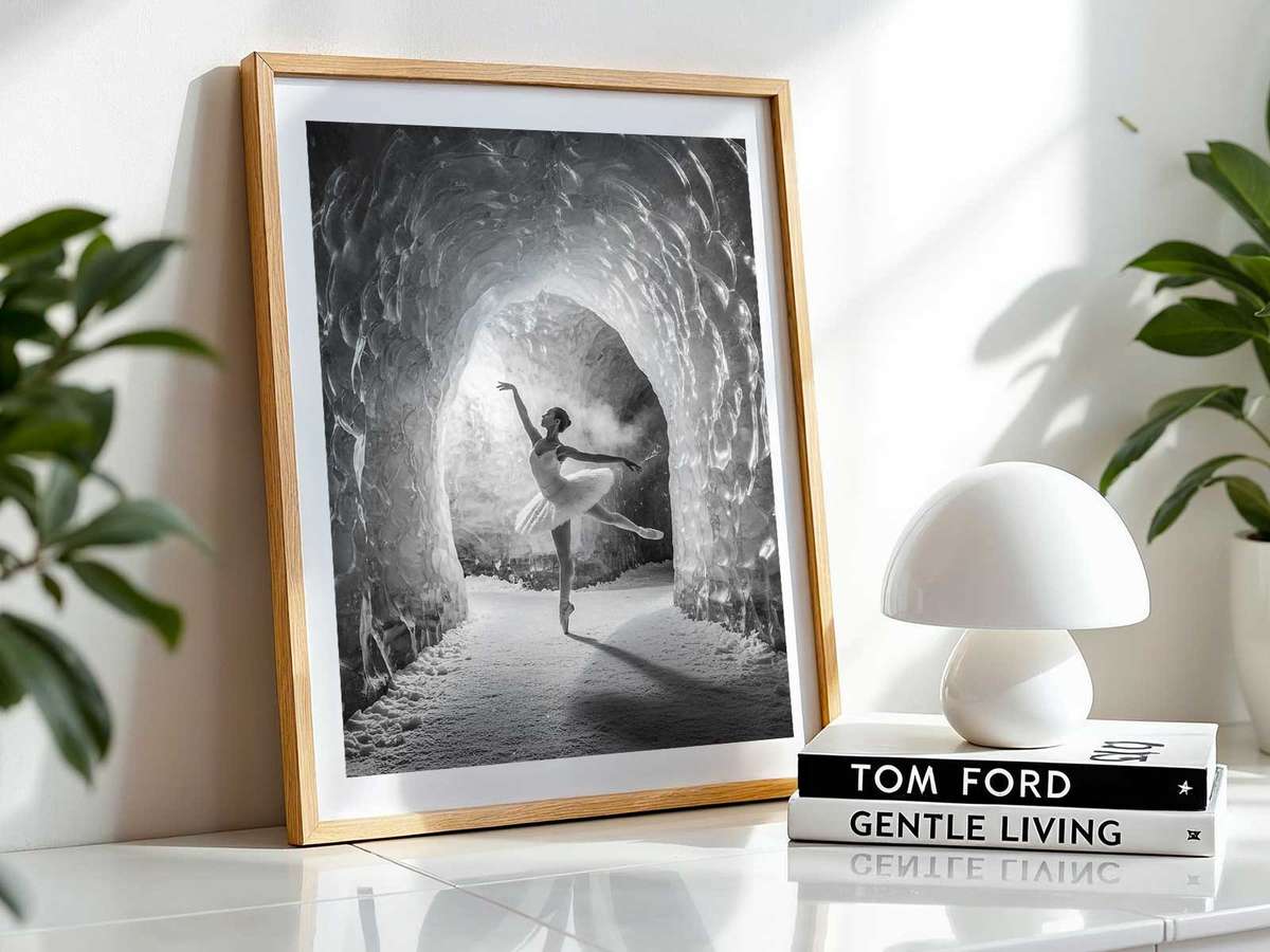 Reflection of a dancer through a translucent winter veil with soft light and frosty tones backstage