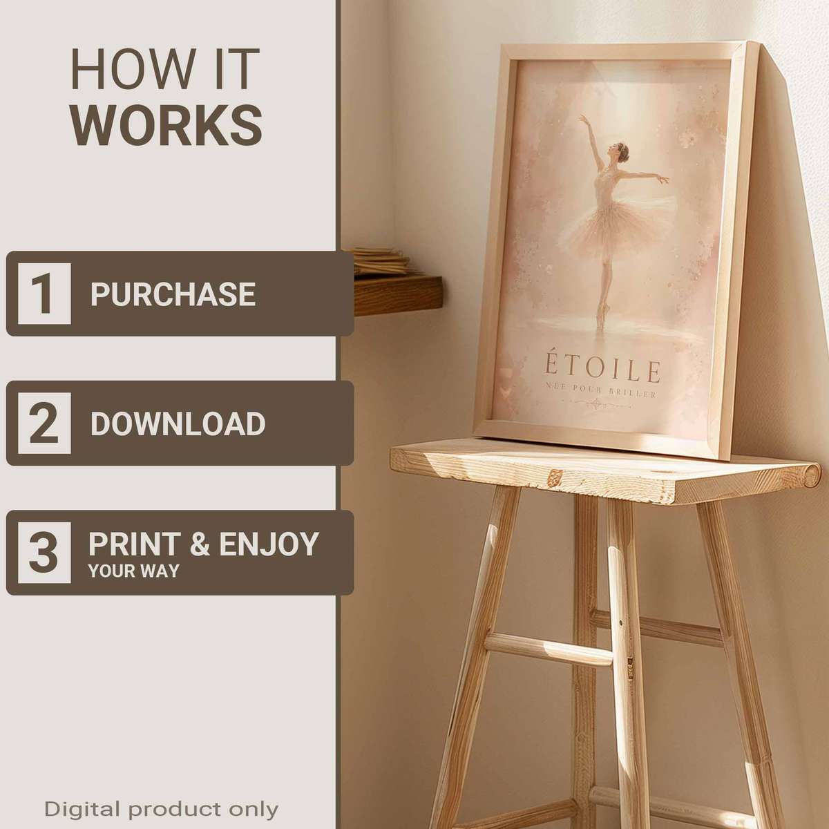 Ballerina Art decorative print featuring fluid motion and an intimate performance mood for ballet lovers with French text