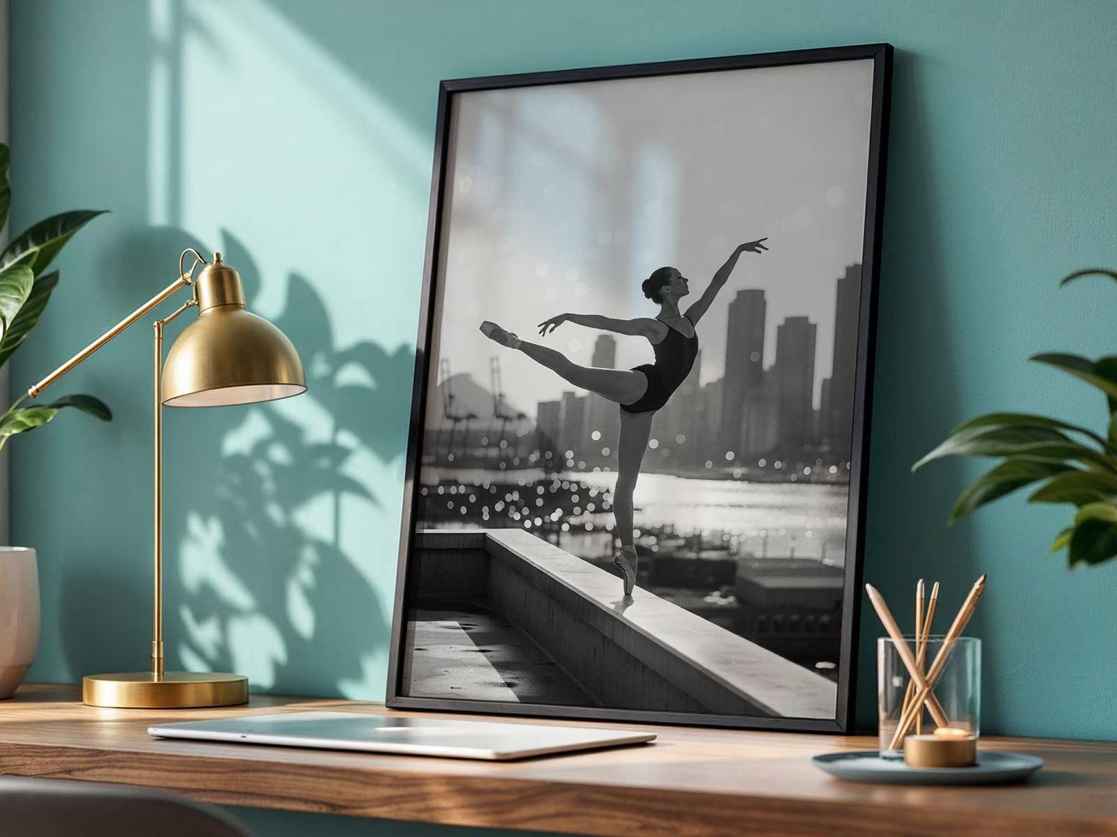 Ballerina posed by a large warehouse window with softened sunlight filtering in, highlighting her tutu and the textured…