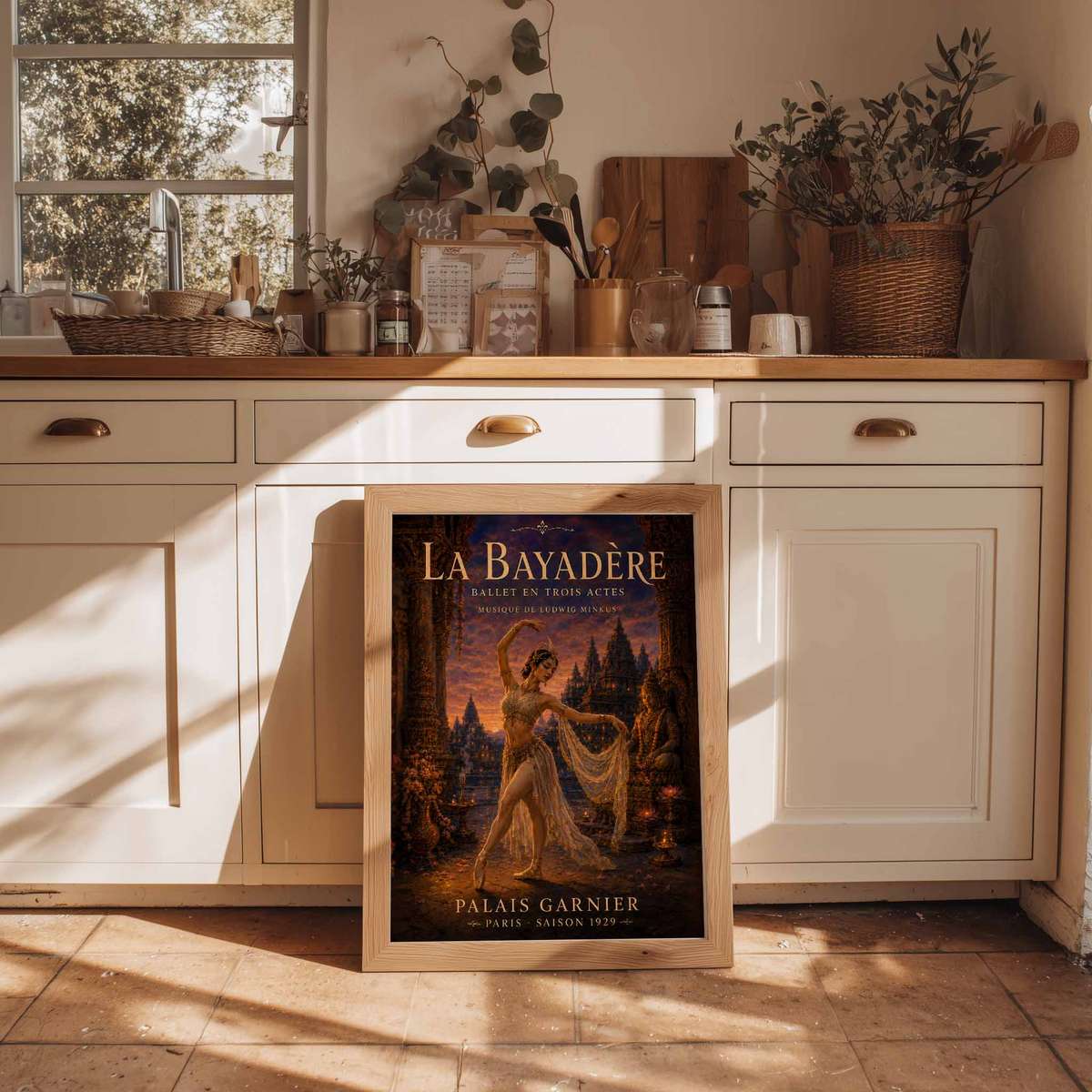 Ballerina decorative print featuring classical stage character and delicate visual rhythm inspired by vintage french text la bayadere ballet for dance students with French text