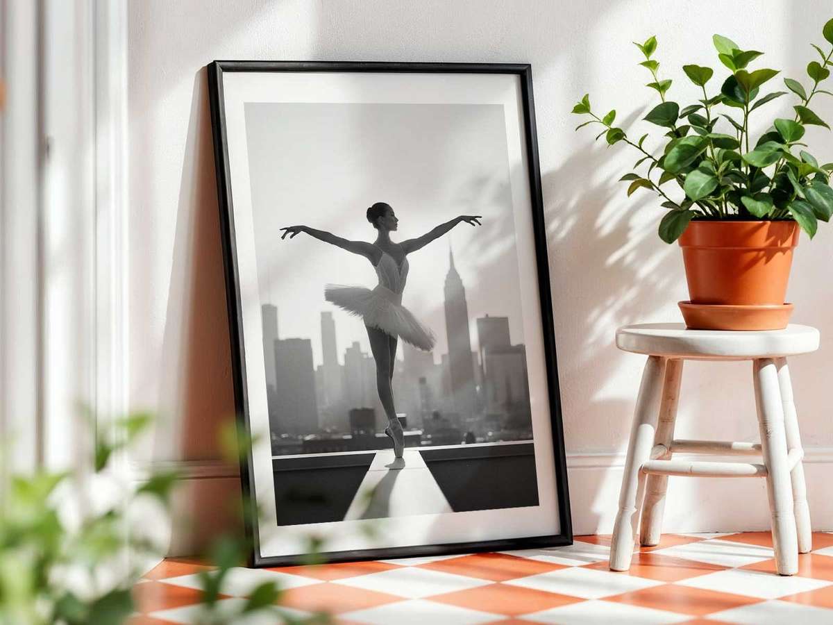 Ballerina poster combining poetic movement with softly balanced composition inspired by urban horizon and the quiet power of a single figure in a graceful composition