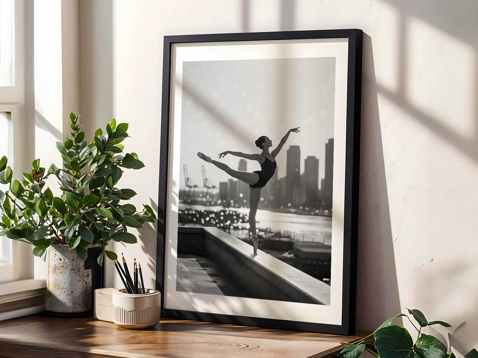Silhouette of a ballerina en pointe set against the outline of a harbour crane at dusk, the light suggesting memory and the…