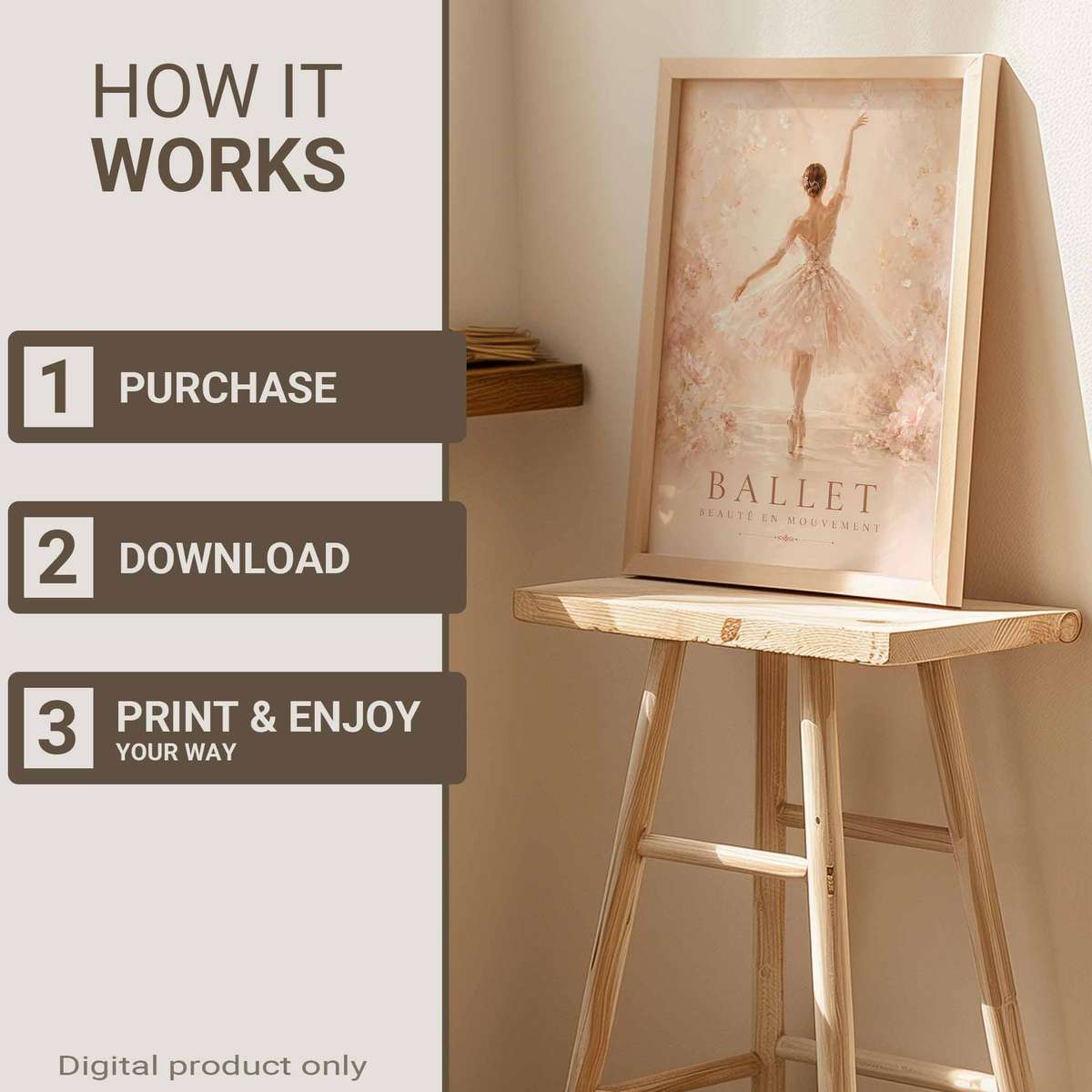 Decorative Ballerina Silhouette Art artwork designed for classical art admirers and dancer's bedroom decor with French text