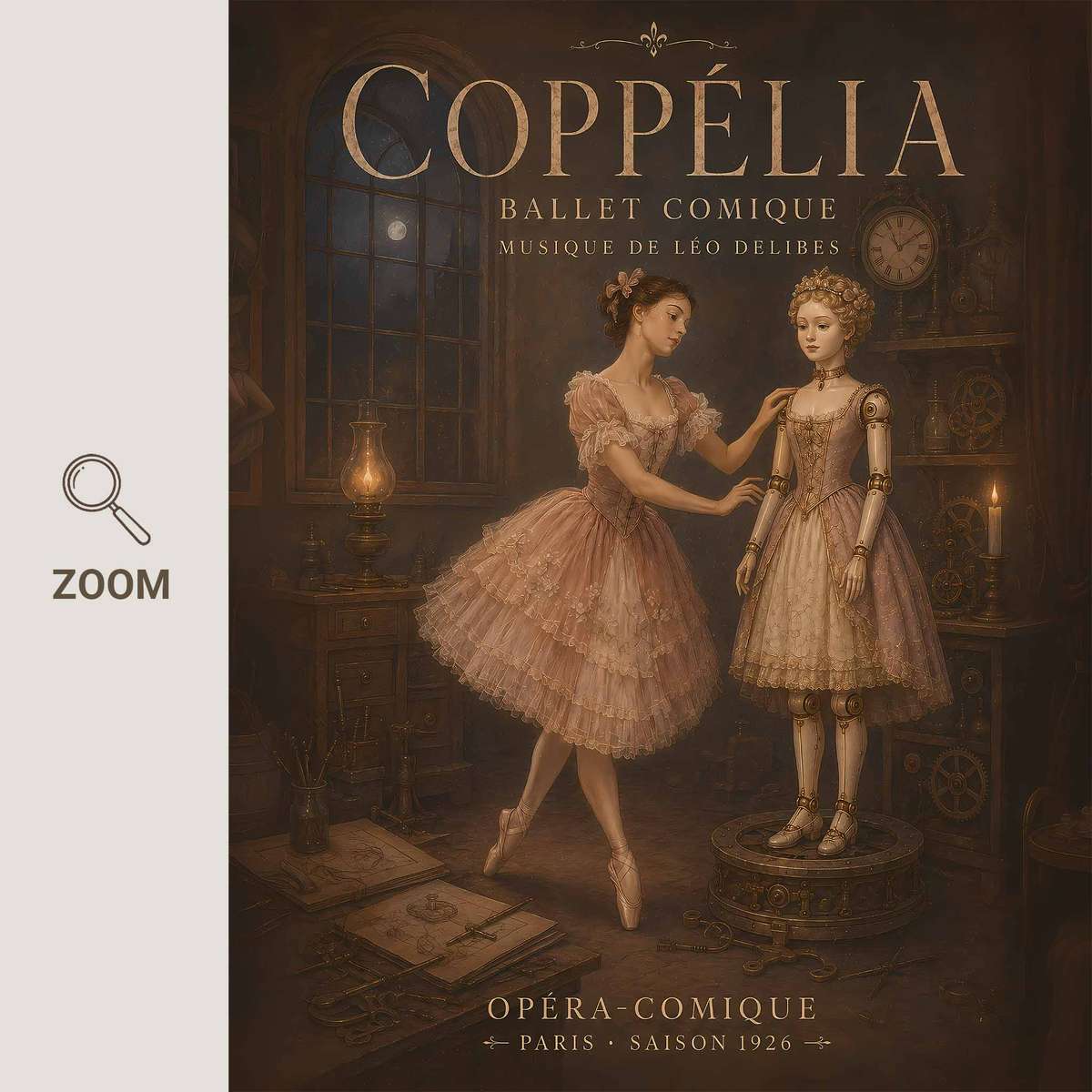 Classic Ballerina painting featuring elegant lines and a theatrical atmosphere inspired by vintage french text coppelia ballet with French text