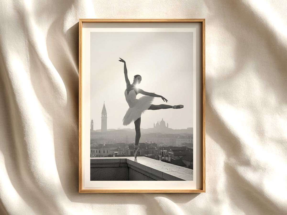 Ballerina on Canal Bridge in Venice ballet poster shown as refined dance wall art
