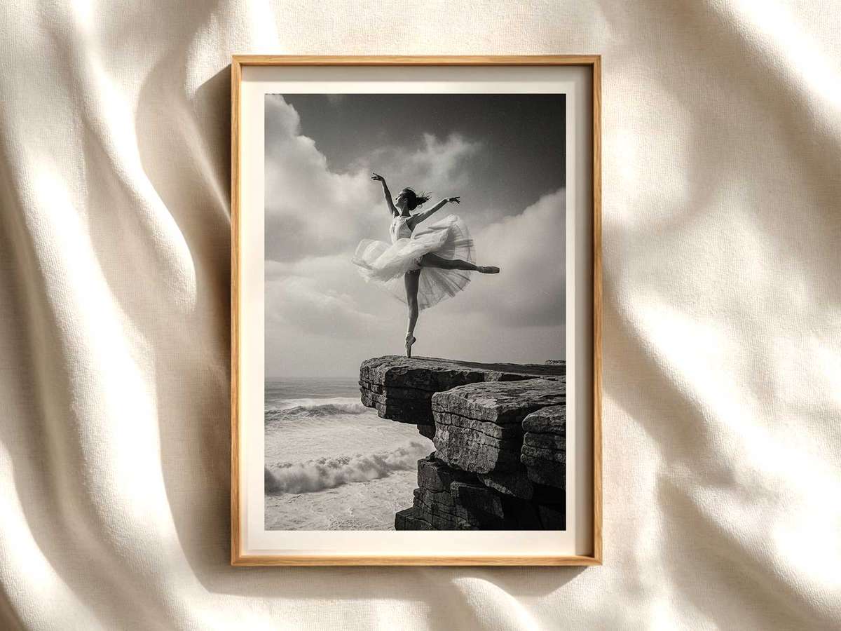 Arabesque Silhouette on the Shoreline ballet poster shown as refined dance wall art