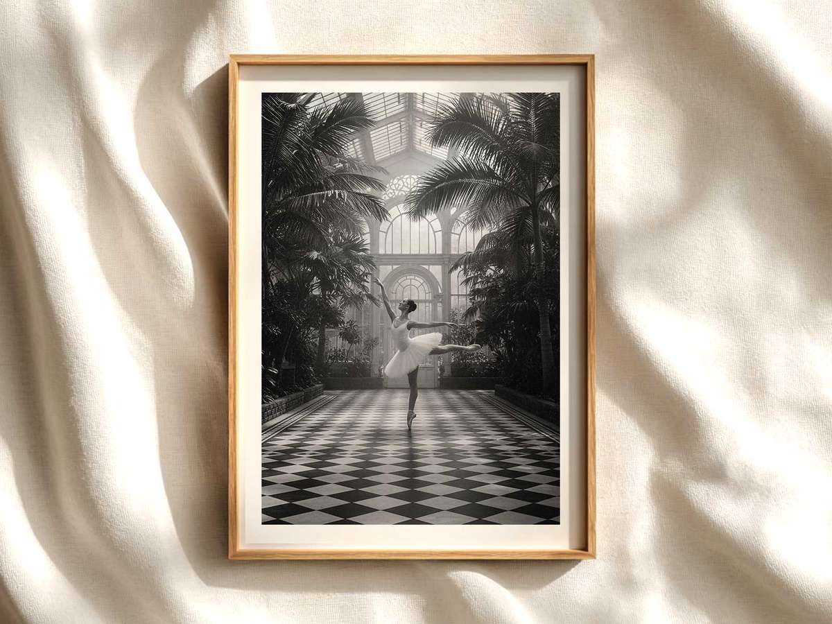 Silhouette by Window — Minimal Framed Ballerina ballet poster shown as refined dance wall art