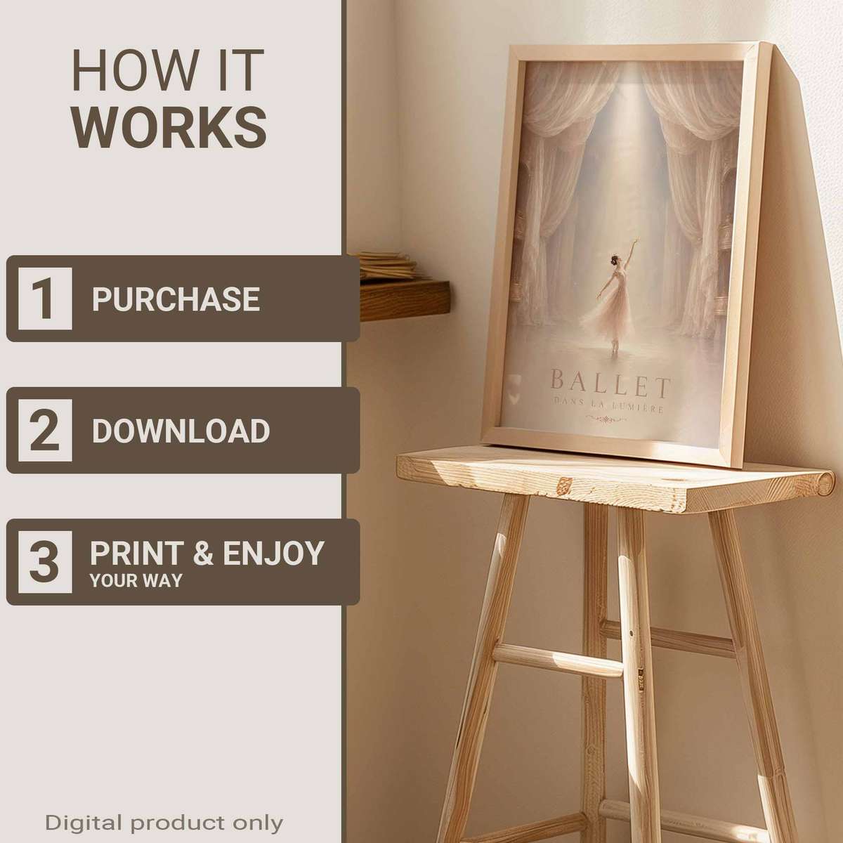 Ballet Dancer shown in a elegant composition showcasing poetic movement with softly balanced composition with French text