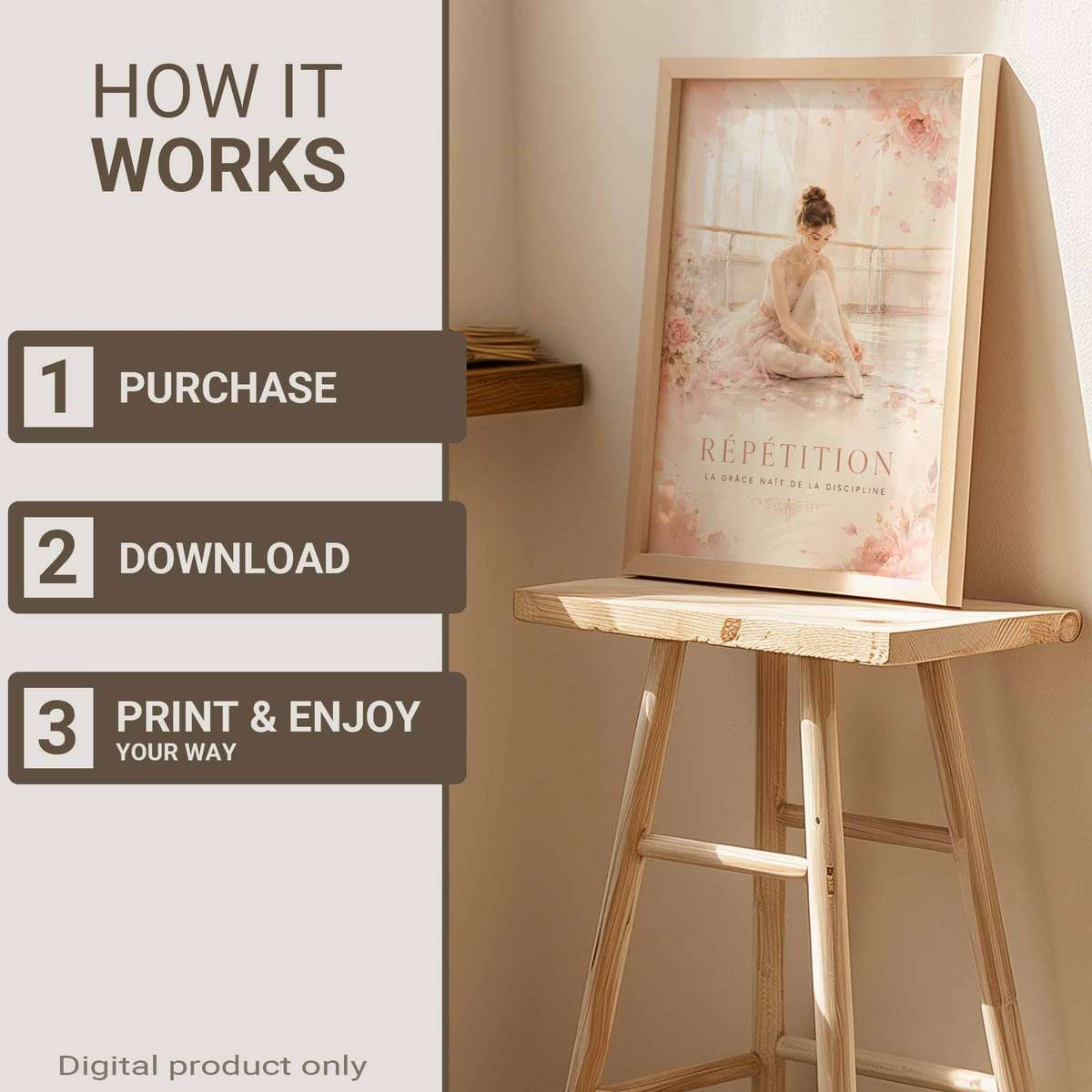 Ballet Dancer decorative print featuring fluid motion and an intimate performance mood for classical art admirers with French text