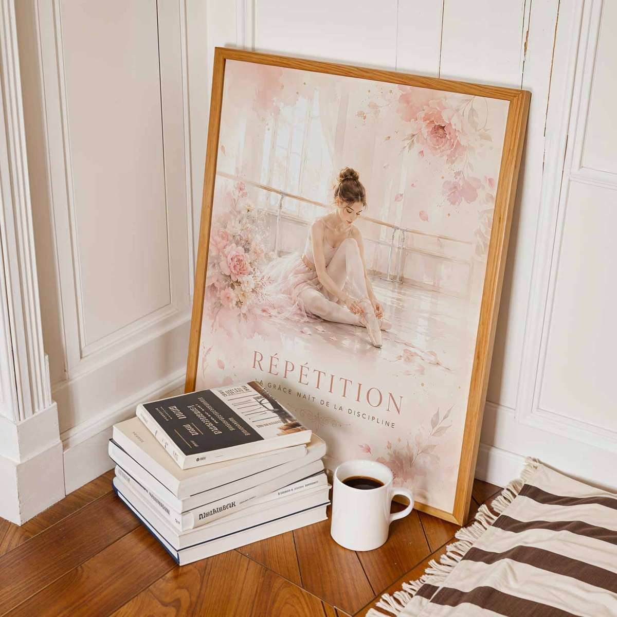 Ballet Dancer composition styled as poster and featuring graceful movement and stage-inspired details inspired by vintage french text ballerina art with French text