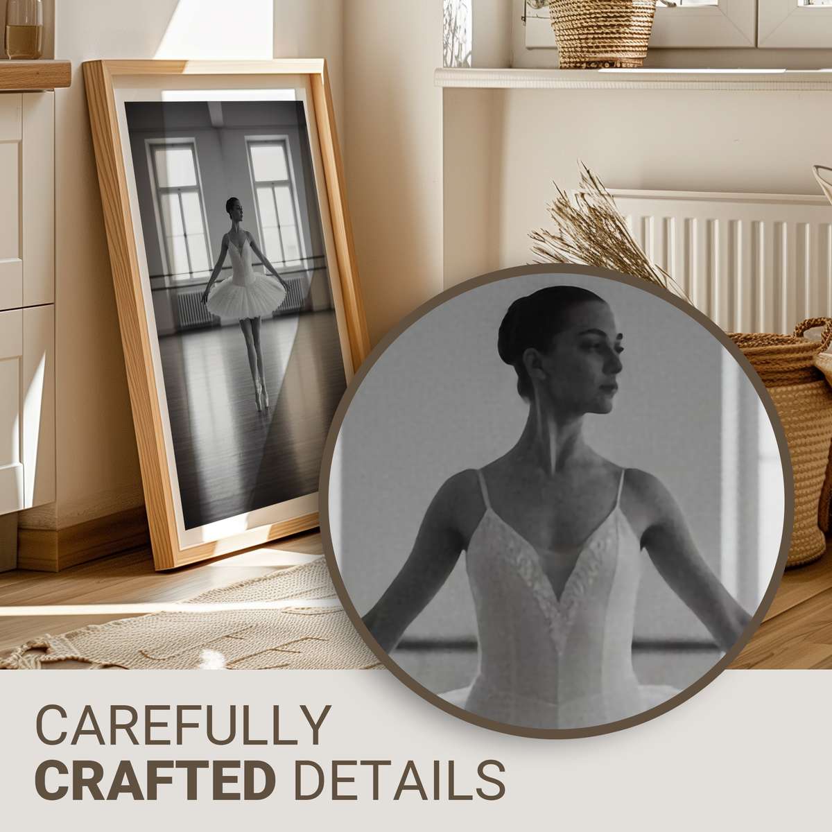 Ballerina standing in a dim rehearsal studio, eyes lowered and arms held in a measured pose conveying quiet concentration