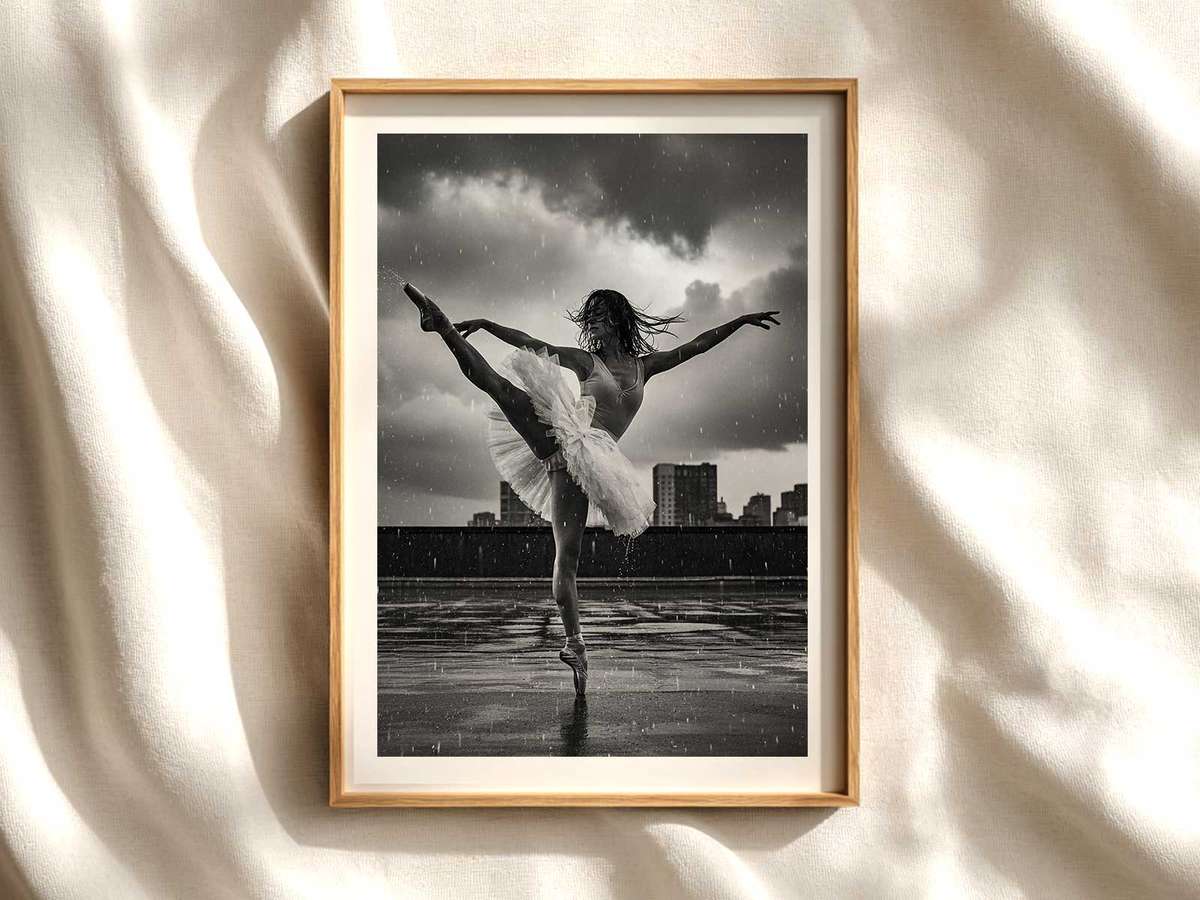 Rainlit Solo Ballerina with Puddle Reflection ballet poster shown as refined dance wall art