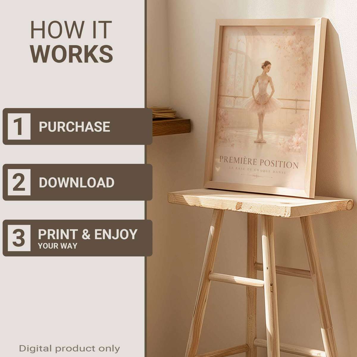 Ballet Positions wall art showcasing rehearsal-inspired details and graceful silhouettes and a poetic visual character with French text