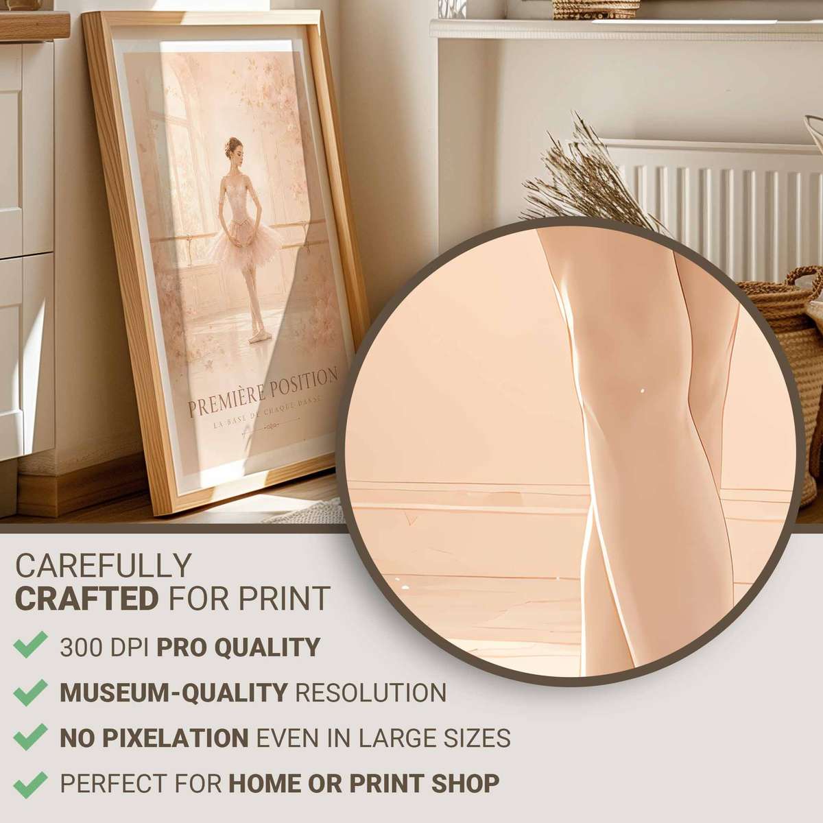 Ballet Positions wall art showcasing rehearsal-inspired details and graceful silhouettes and a poetic visual character with French text