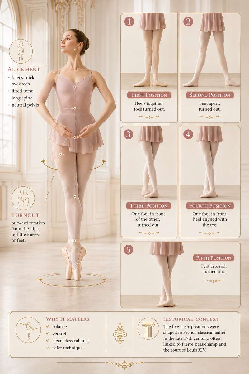 Ballet dancer in second position with feet apart and turned out, weight evenly distributed