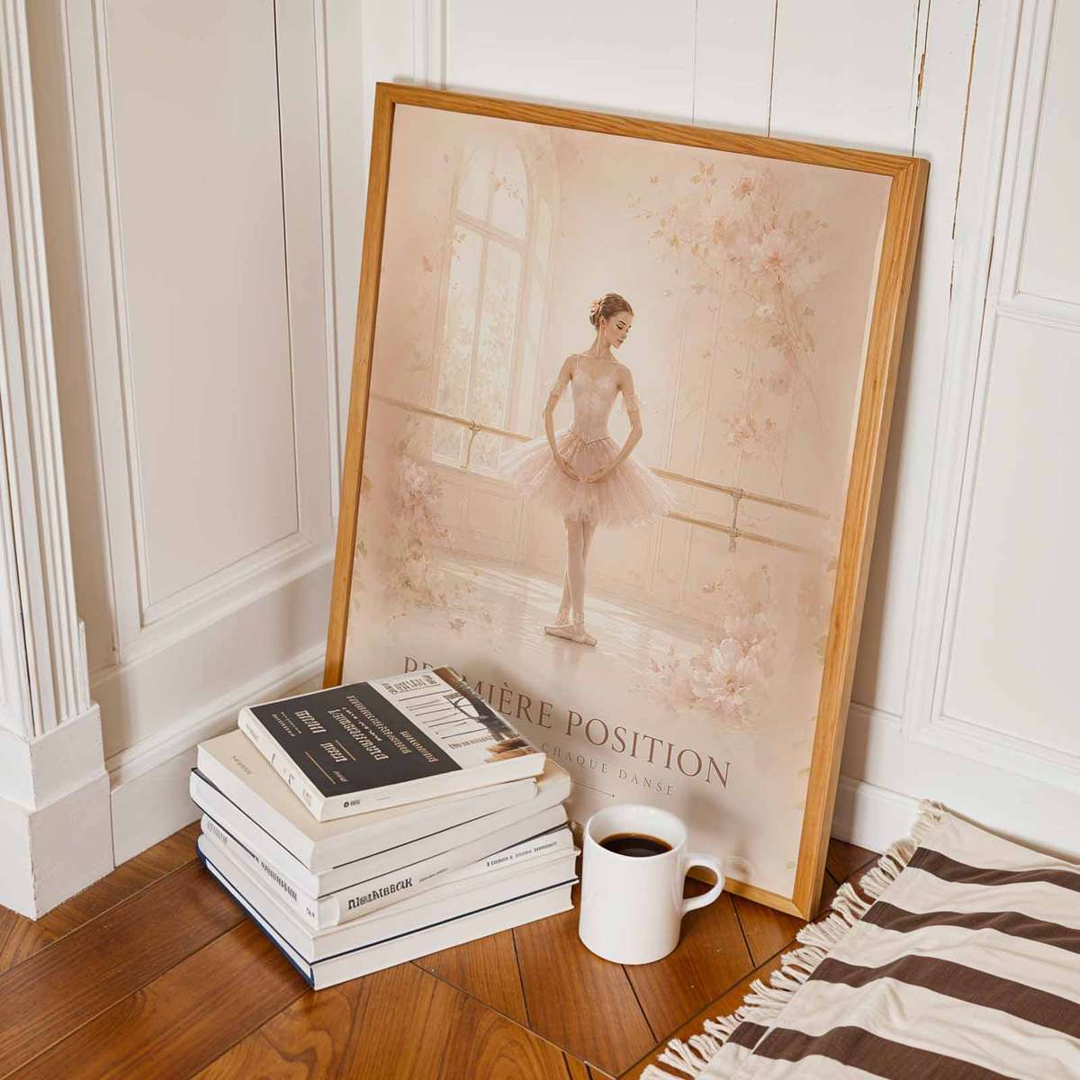 Artistic view of Ballet Positions showing poetic movement with softly balanced composition inspired by vintage french text dance art for creative space decor with French text