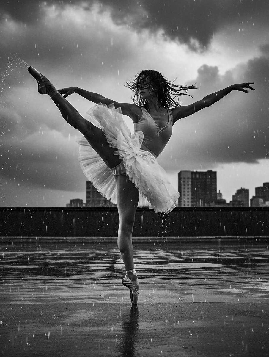 Two dancers under a shared umbrella, silhouettes outlined by backlit rain and misty architecture