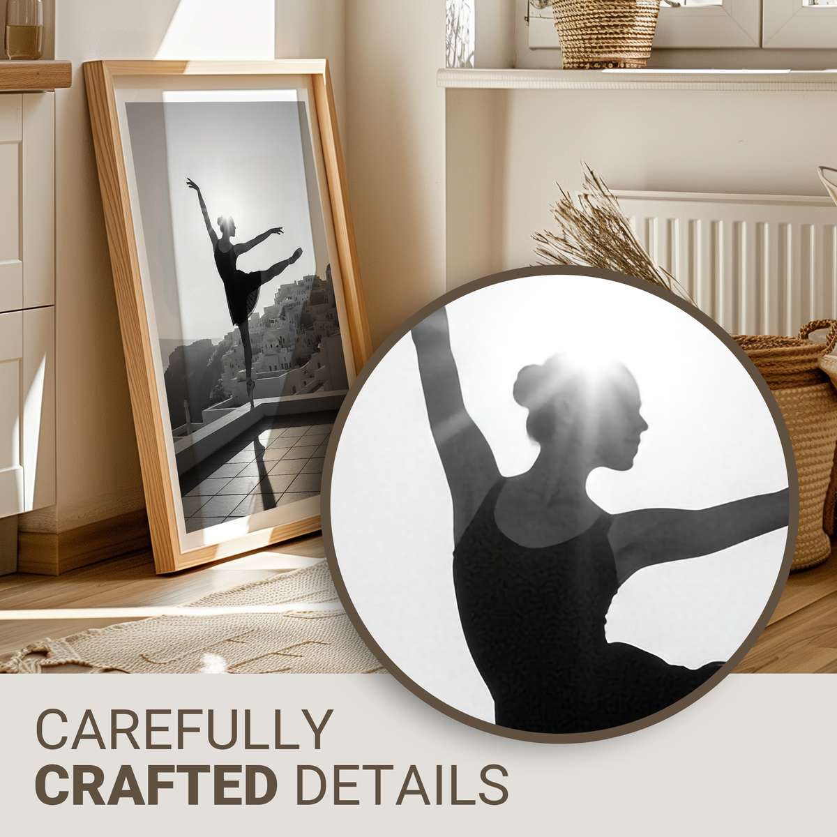 Ballet dancer in soft arabesque posed beside an ancient Greek column with warm Mediterranean light