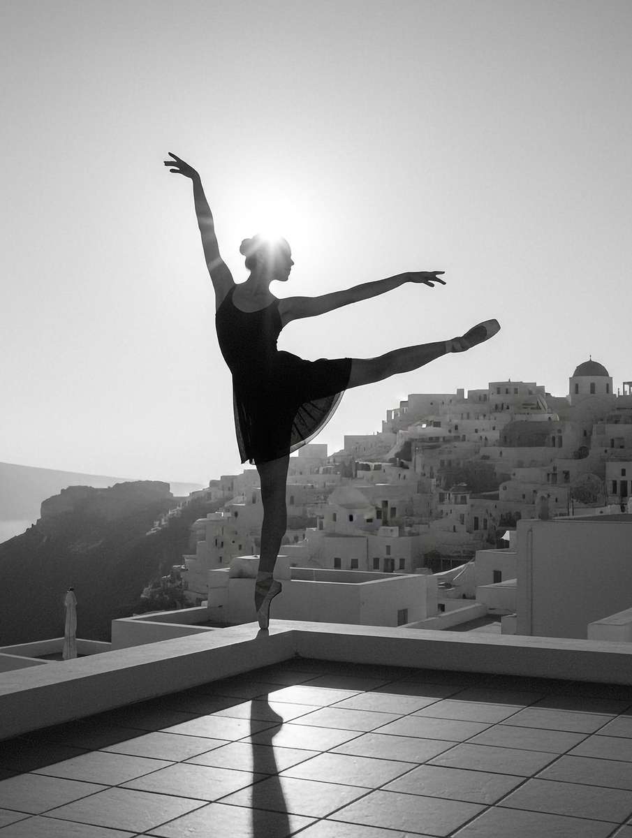 Dancer captured mid-turn among sunlit Greek ruins with a vintage-inspired color palette