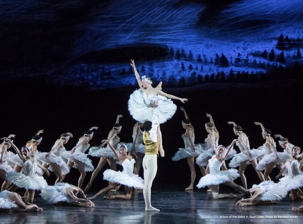 Historic stage photo from Zakharov's world premiere of Cendrillon with dancers in period costumes on a lavish set