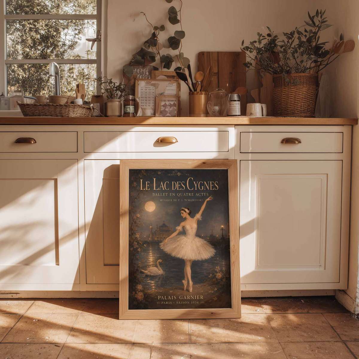 Artistic view of Swan Lake showing classical stage character and delicate visual rhythm for dancer's bedroom decor with French text