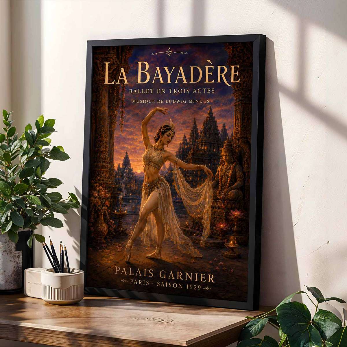 Ballerina shown in a elegant composition showcasing rehearsal-inspired details and graceful silhouettes with French text