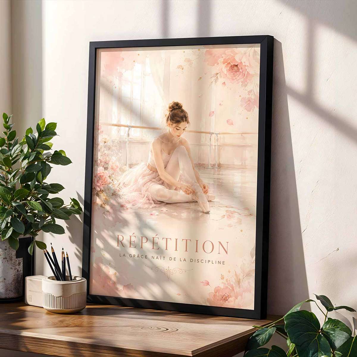 Gallery-style Ballet Dancer artwork with vintage details for creative space decor with French text