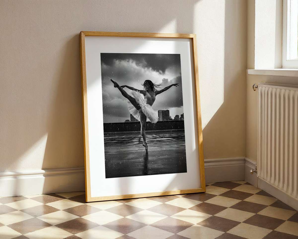 Close-up of a ballerina's pointe shoes and feet rendered in monochrome with archival paper feel
