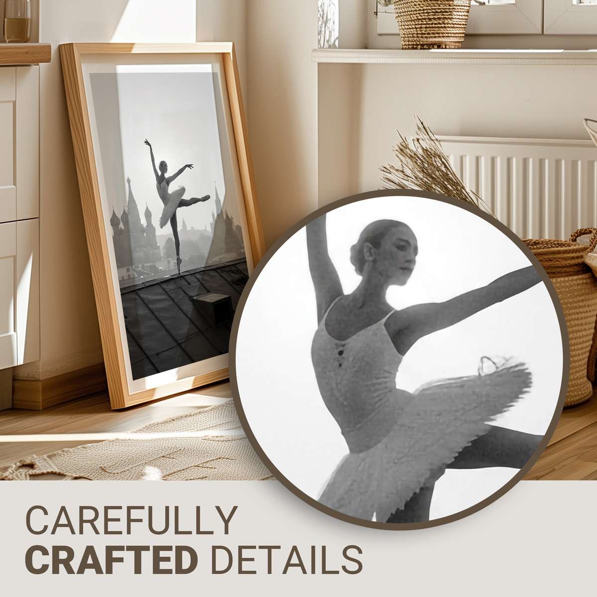 Ballerina in a soft, desaturated palette posed on a dim theater stage suggesting Moscow’s classical heritage