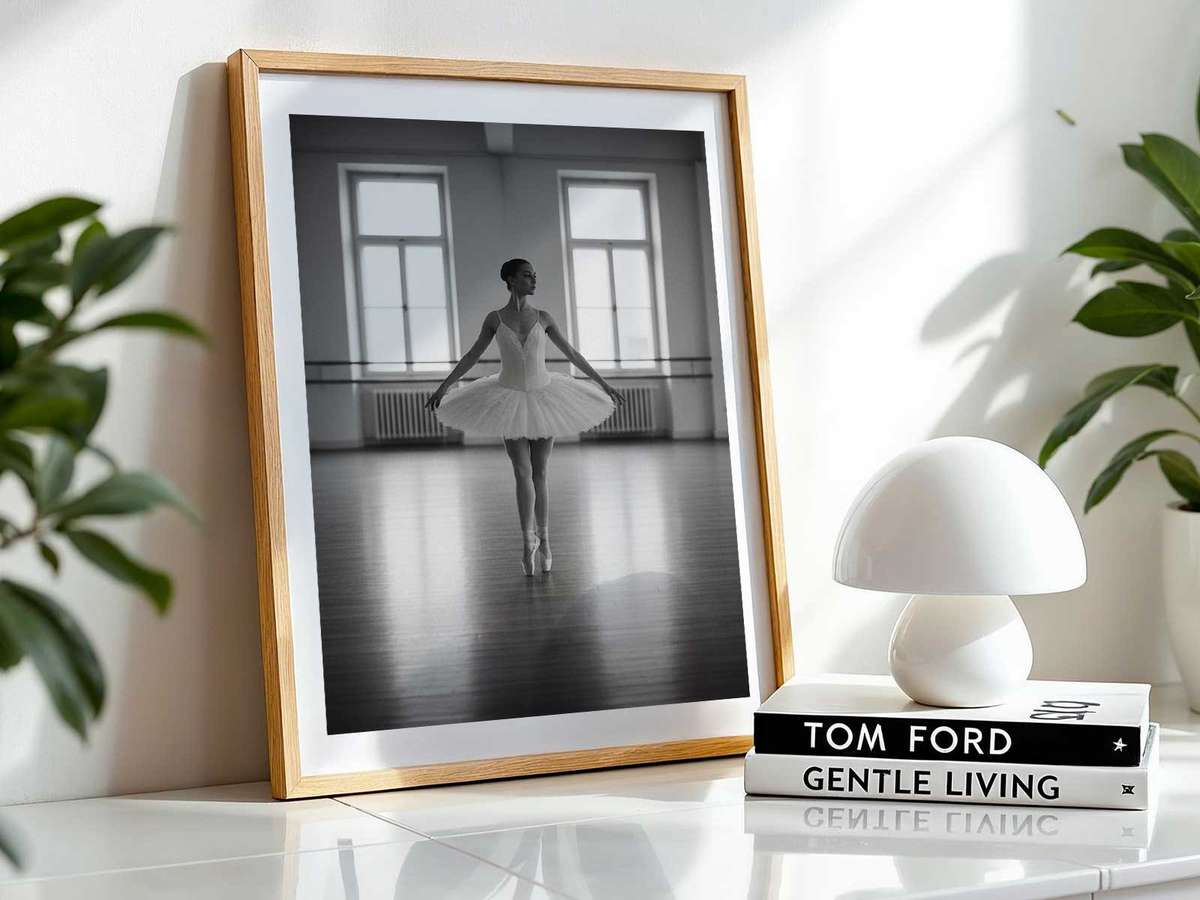 Silhouetted ballerina in a deep plié against a neutral background, emphasizing posture and intent rather than dynamic…