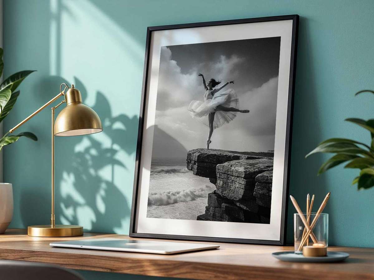 Close composition emphasizing the contrast between the cliff’s rugged textures and the ballerina’s smooth lines mid-motion
