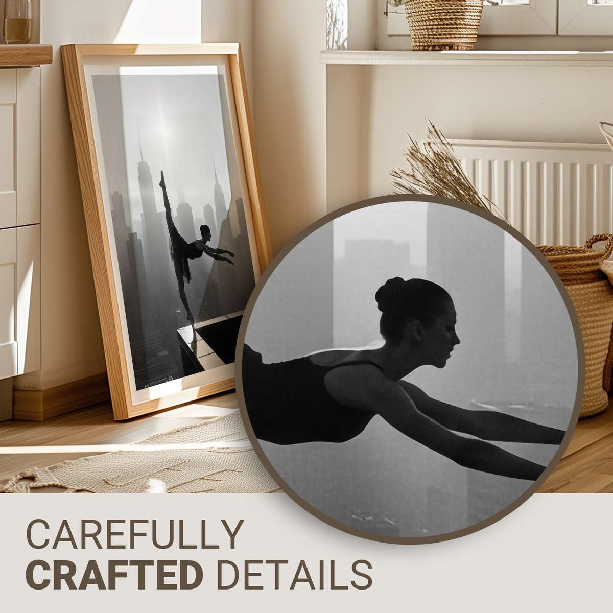 A lone ballerina in profile, sharply lit to emphasize the clean lines of her silhouette against a soft, neutral background