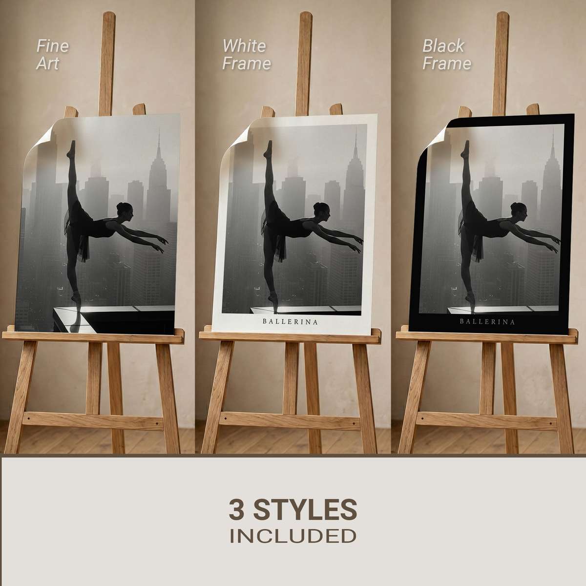 A lone ballerina in profile, sharply lit to emphasize the clean lines of her silhouette against a soft, neutral background