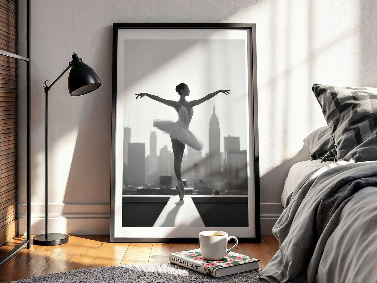 Ballerina illuminated by dawn light in front of a city horizon, blending delicate motion with architectural geometry