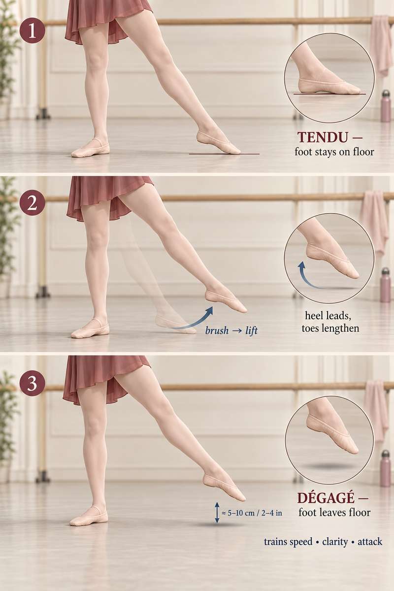 Split image comparing a tendu with a dégagé, one foot sliding on the floor and the other lifted slightly off the floor