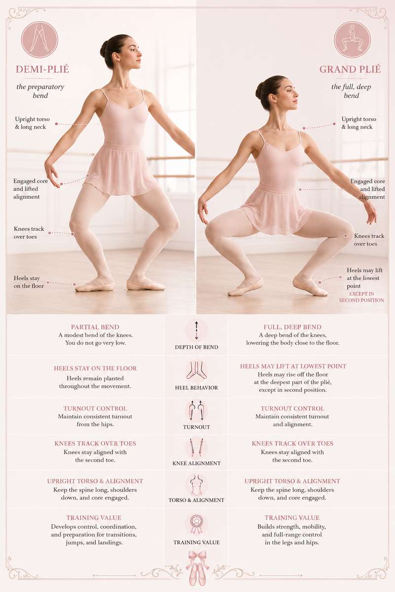 Side profile of a grand-plié with deep knee bend and heels lifted in fifth position