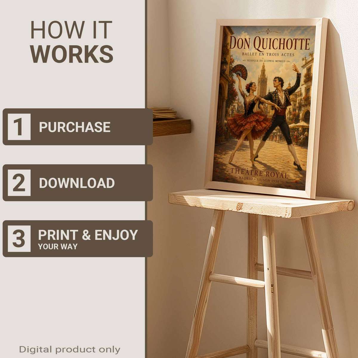 Don Quixote composition styled as wall art and featuring rehearsal-inspired details and graceful silhouettes with French text