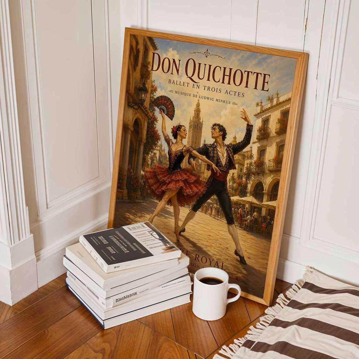 Artistic view of Don Quixote showing rehearsal-inspired details and graceful silhouettes inspired by vintage french text ballet for dance studio decor with French text