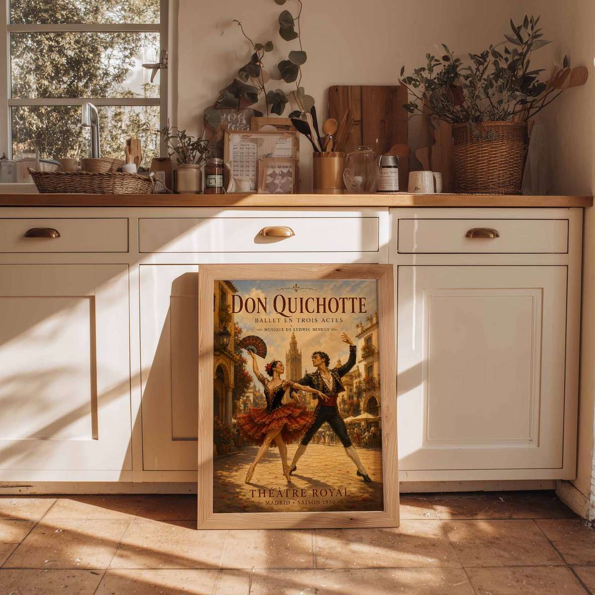 Don Quixote wall art combining rehearsal-inspired details and graceful silhouettes inspired by vintage french text ballet in a expressive composition with French text