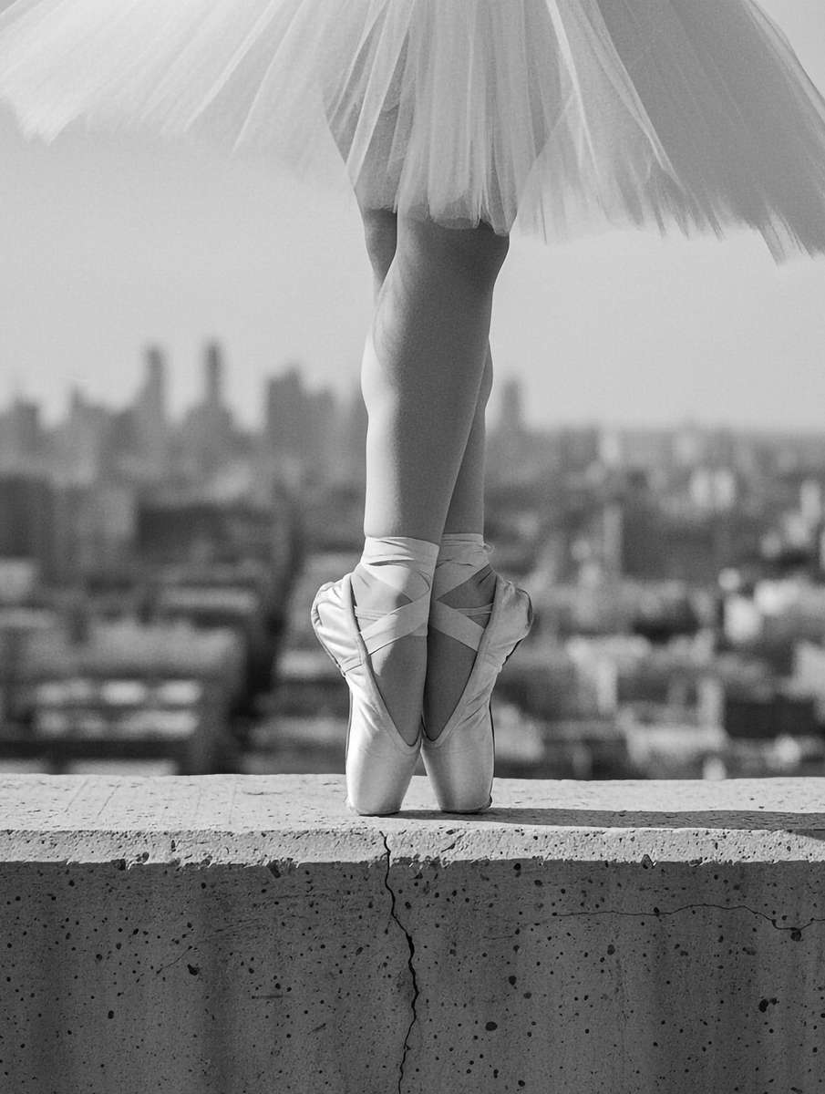 Close-up of a ballerina in plié with delicate lines and soft shadows emphasizing limb contours
