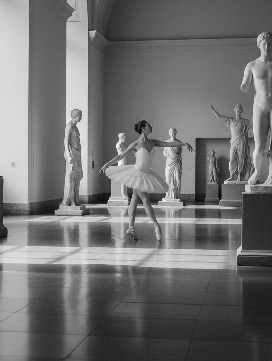Three-quarter view of a ballerina with marble-like lighting and subtle cracks in a vintage print style