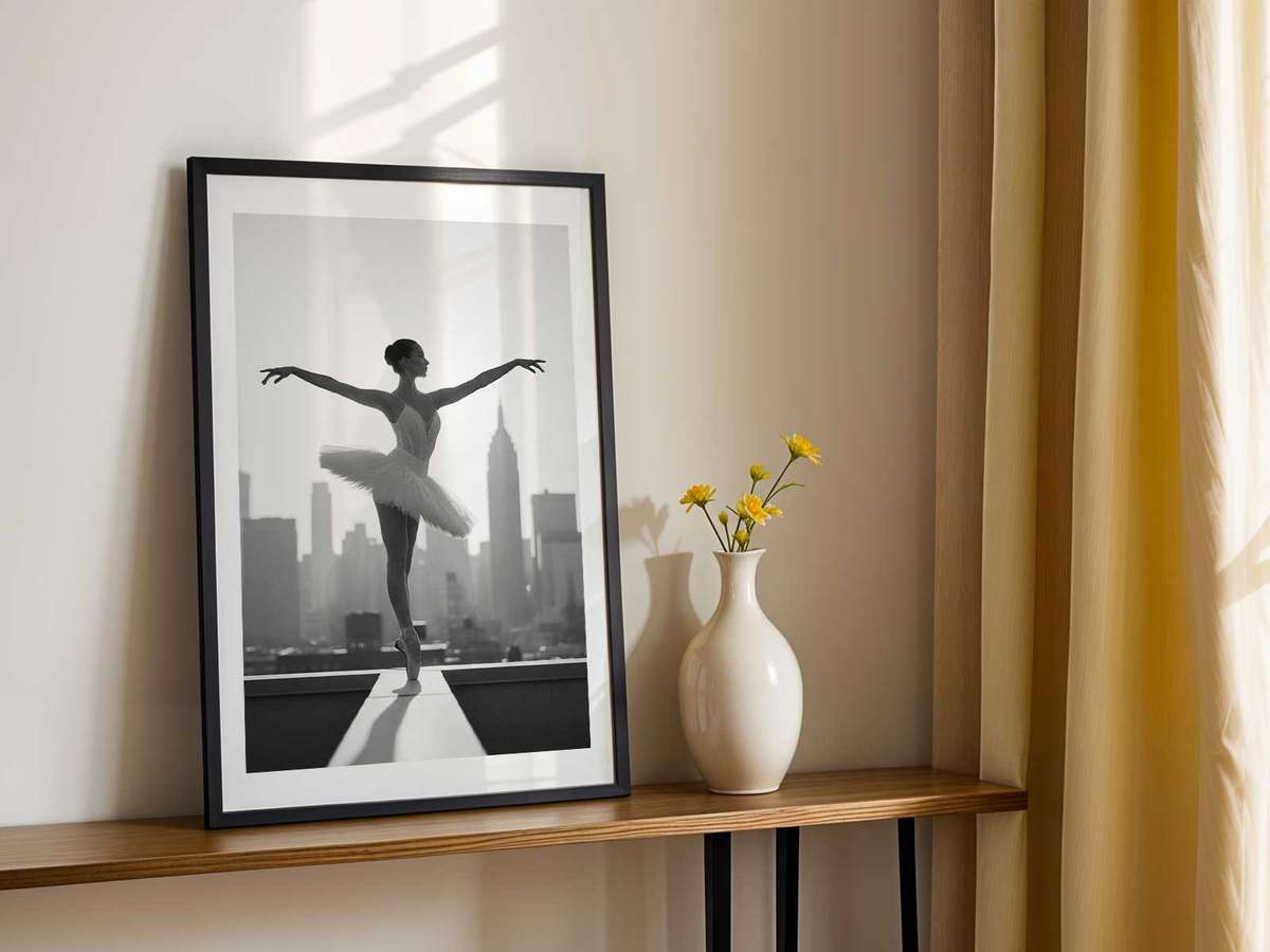 Ballerina standing tall on a rooftop edge with skyscrapers blurred behind, emphasizing upright elegance