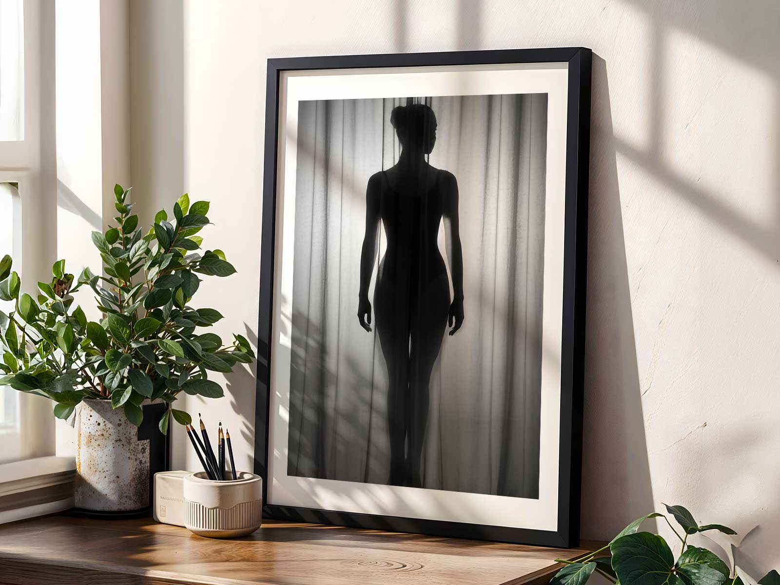 Ballerina shown in profile with elongated arms and an extended back creating a continuous vertical line